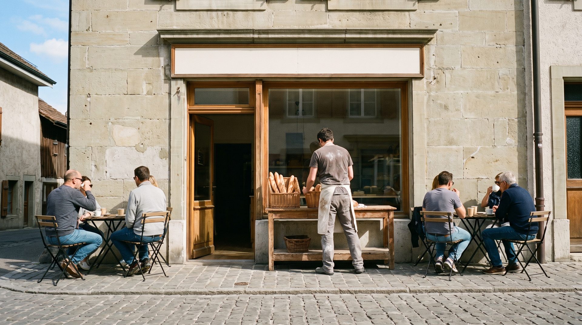 Une boulangerie-café de village ouverte un matin d'été, terrasse pleine, le boulanger à son étal